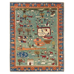 Ararat Rugs Village Theme Azeri Folk Life Rug, Turkish Pictorial Natural Carpet