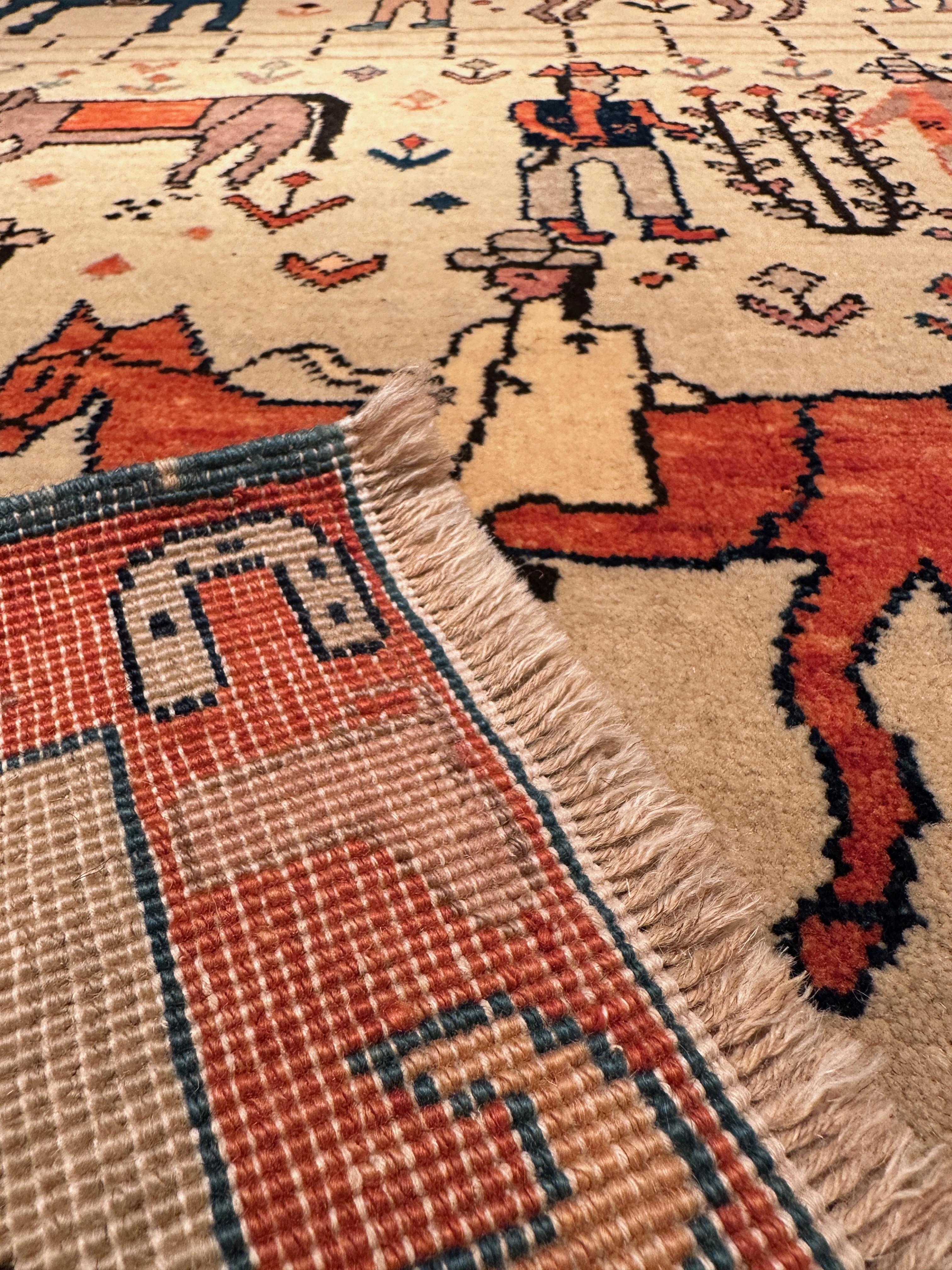 This unique design rug is interpreted by our designers with a composition of pictorial western-style life.

Color summary: 17 colors in total, most used 4 colors are;
Misty Moss 14 (Spurge – Madder Root)
Scarlet 5 (Madder Root)
Dark Brown 316