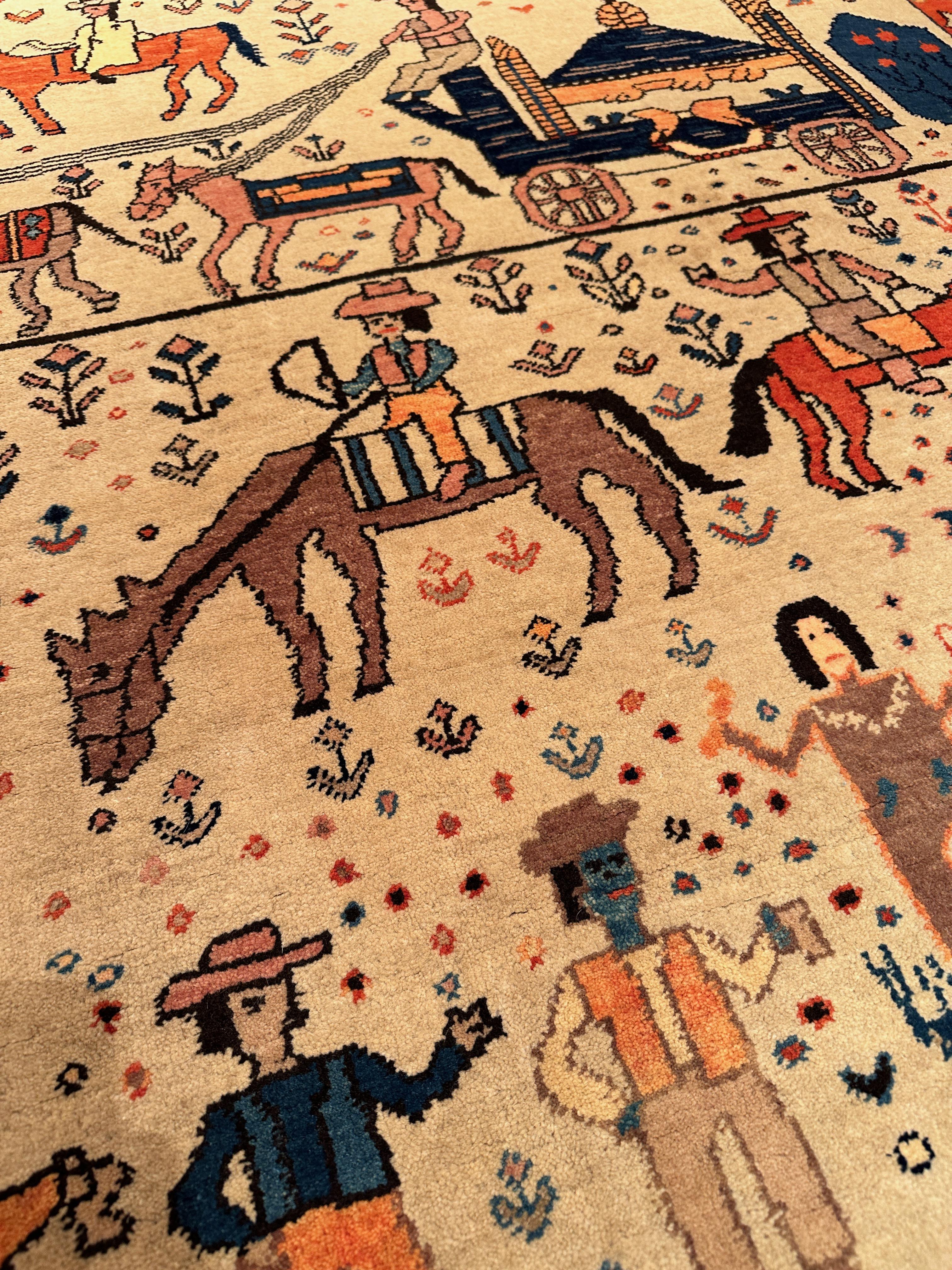 Oushak Ararat Rugs Western Theme Azeri Folk Life Rug, Turkish Carpet, Natural Dyed For Sale