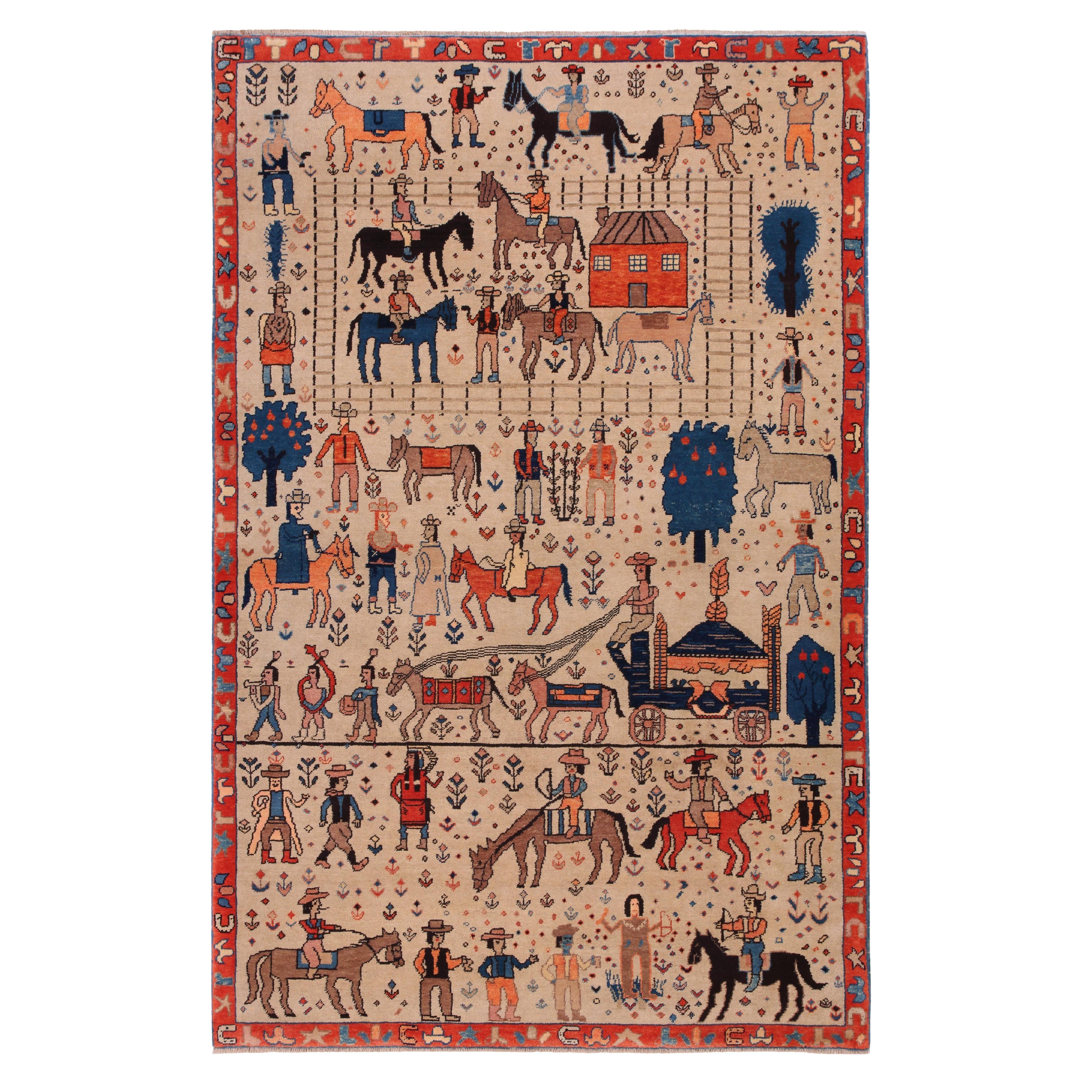 Ararat Rugs Western Theme Azeri Folk Life Rug, Turkish Pictorial Natural Carpet For Sale