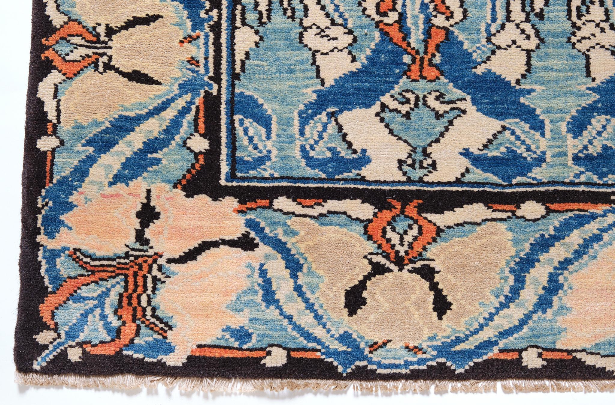 The source of carpet comes from the book Arts & Crafts Carpets, by Malcolm Haslam, and David Black, in 1991. This carpet is interpreted by our designers with William Morris designs in the 1880s – in the United Kingdom. In 1887 English artist and