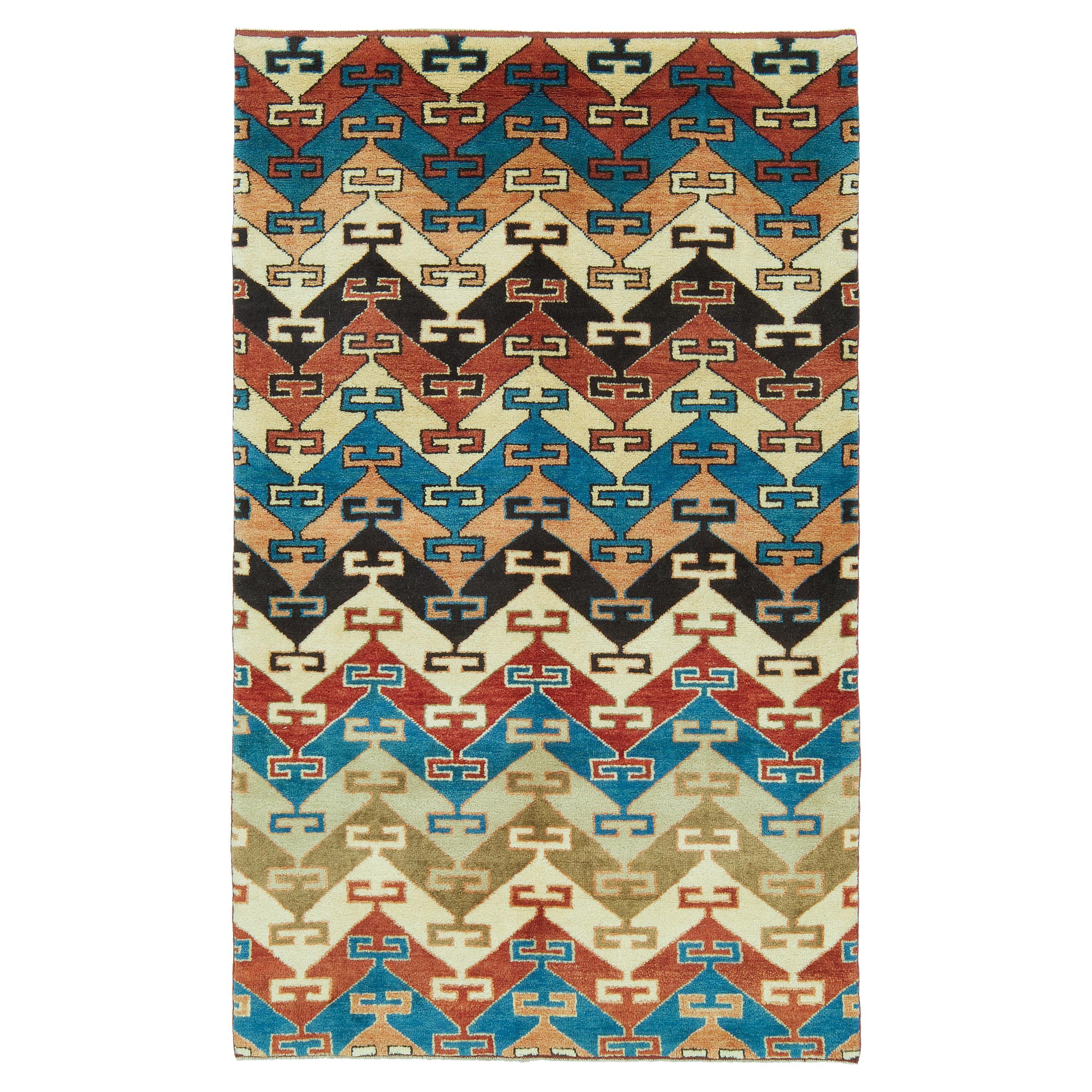 Ararat Rugs Zig-Zag Lines Rug, Antique Anatolian Revival Carpet, Natural Dyed For Sale