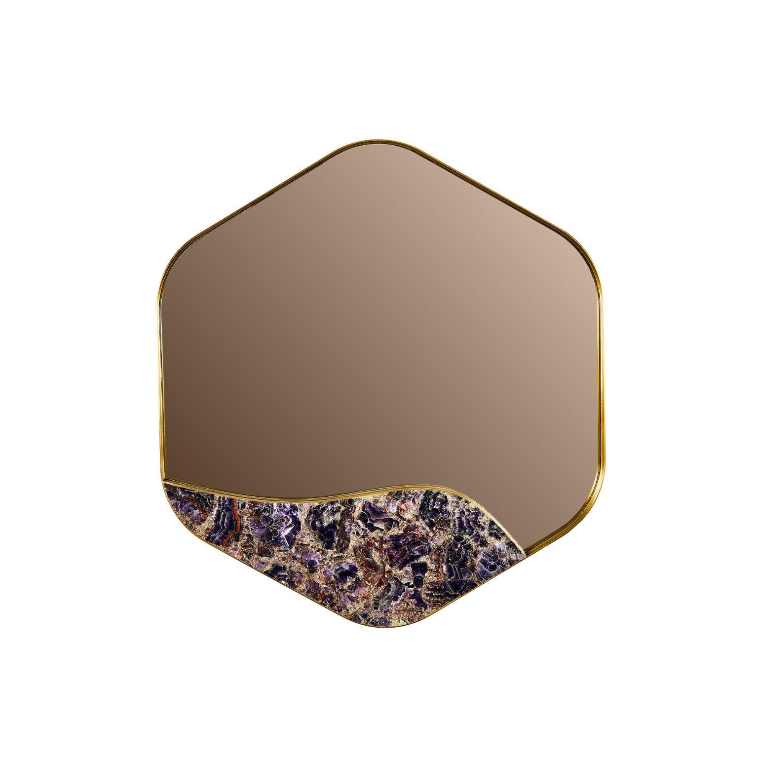 Aras mirror amethyst by Marble Balloon 
Dimensions: L 5cm x W 83.5cm x H 76.5cm
Materials: Brass, semi-precious amethyst stone.

100% Brass material is used in the frame and semi-precious amethyst stone is used in the lower part.

Marble