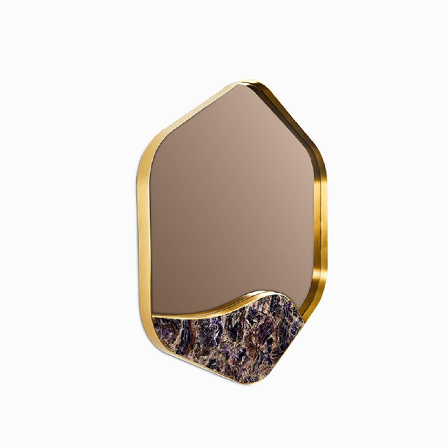 Aras mirror by Marble Balloon
Dimensions: W 83 x D 5 x H 76 cm
Materials: Steel, Marble

Inspired by the flow of Aras River, it combines 100% brass frame with semi-precious stone details. Semi-precious stones are available in either green onyx