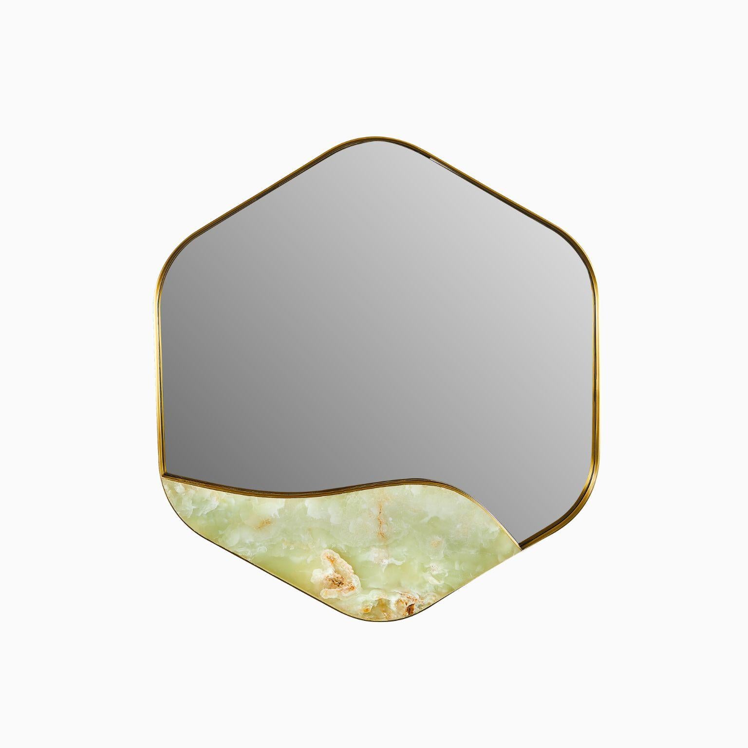Aras mirror green onyx by Marble Balloon
Dimensions: L 5cm x W 83.5cm x H 76.5cm
Materials: Brass, onyx green stone.

100% brass material is used in the frame and green onyx stone is used in the lower part.

Marble balloon is an interior design and