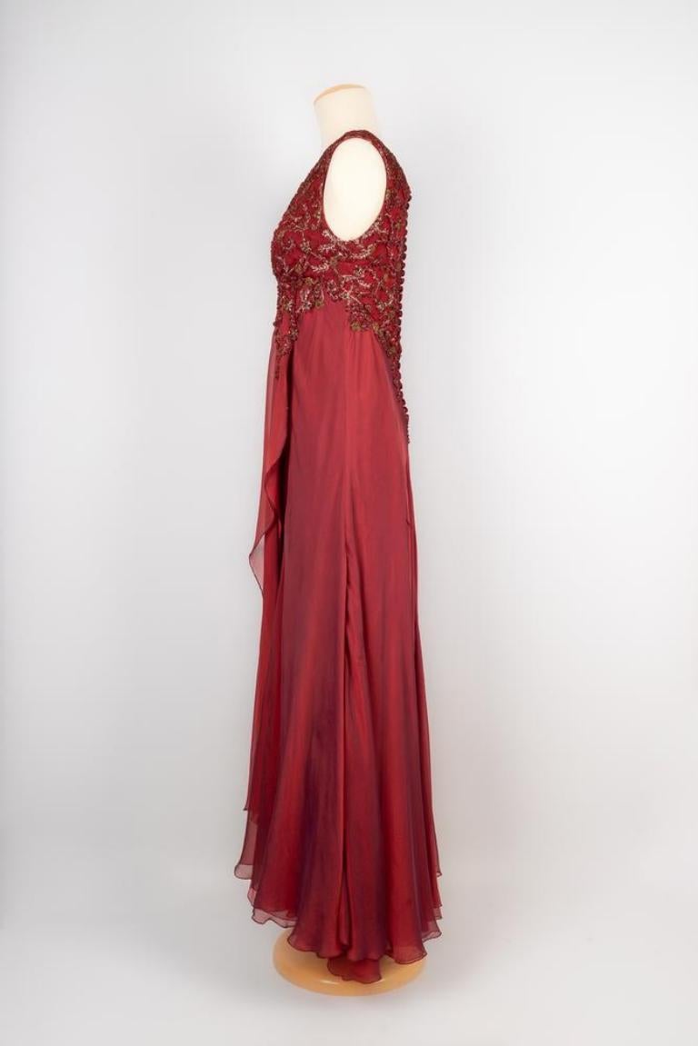 Red Arasa Morelli Couture Long Burgundy Silk Muslin Dress For Sale