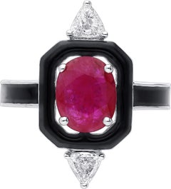 Araya 0.32 Carat Diamond Trillion & 2.05 Carat Mozambique Ruby Black Enamel Ring