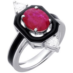 Araya 0.32 Carat Diamond Trillion 
2.05 Carat Mozambique Ruby Black Enamel Ring