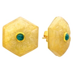 Araya 42.50 Carat Carved Yellow Sapphire and Zambian Emerald Earrings