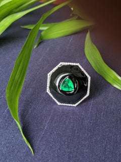 Araya Black Enamel Diamond and Zambian Emerald Trillion Cocktail Ring