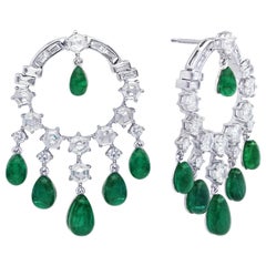 ARAYA Custom Cut Hexagon Diamond and Emerald Drop Earrings in 18 Karat Gold