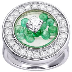 ARAYA Diamond and Floating Emerald Beads Ring in 18 Karat White Gold