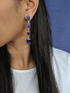 ARAYA Emerald Cut Tanzanite and Diamond Long Earrings in 18 Karat White Gold