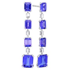 ARAYA Emerald Cut Tanzanite and Diamond Long Earrings in 18 Karat White Gold