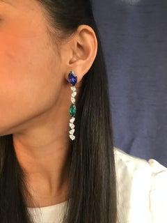 Araya Long 5.66 Carat Diamond Pear, Emerald Marquise and Tanzanite Earrings