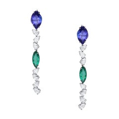 Araya Long 5.66 Carat Diamond Pear, Emerald Marquise and Tanzanite Earrings