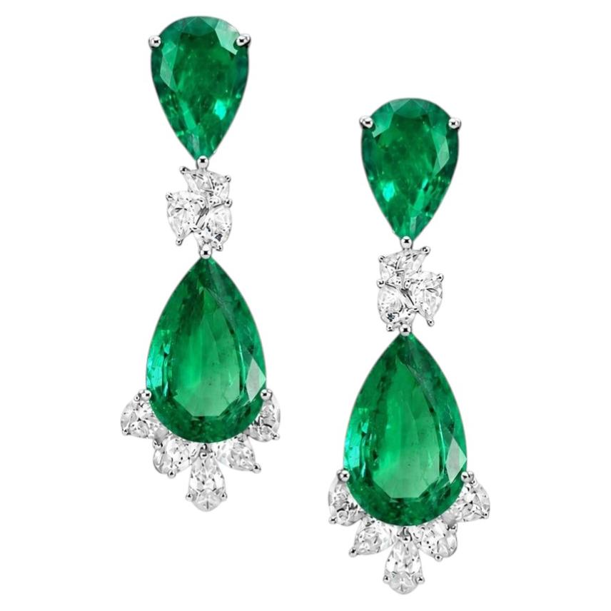 ARAYIAN 15.41 Carat Zambian Emerald and Diamond Drop Earrings in 18K White Gold