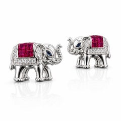 ARAYIAN 18K White Gold Ruby, Blue Sapphire and Diamond Elephant Stud Earrings