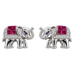 ARAYIAN 18K White Gold Ruby, Blue Sapphire and Diamond Elephant Stud Earrings
