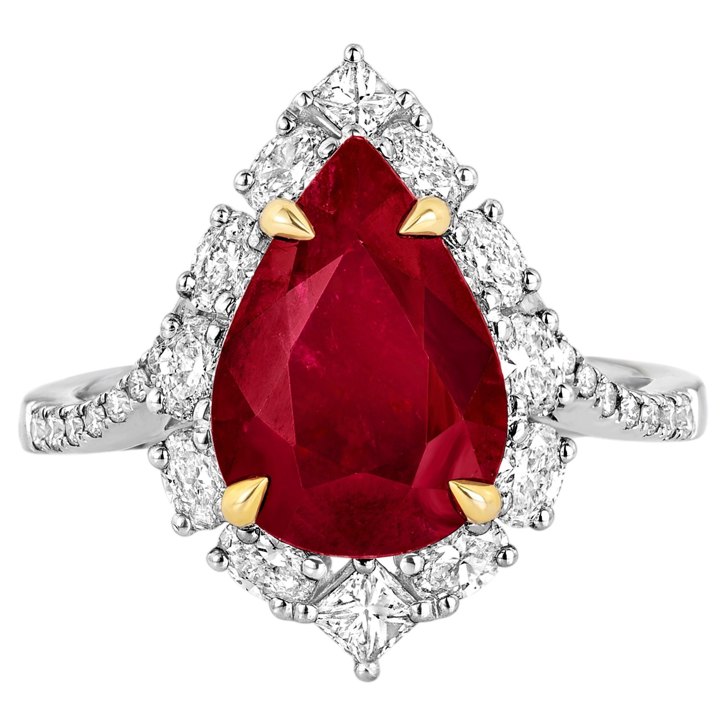 ARAYIAN 3.87 Carat Pear-Shaped Mozambique Ruby Ring in 18 Karat White Gold