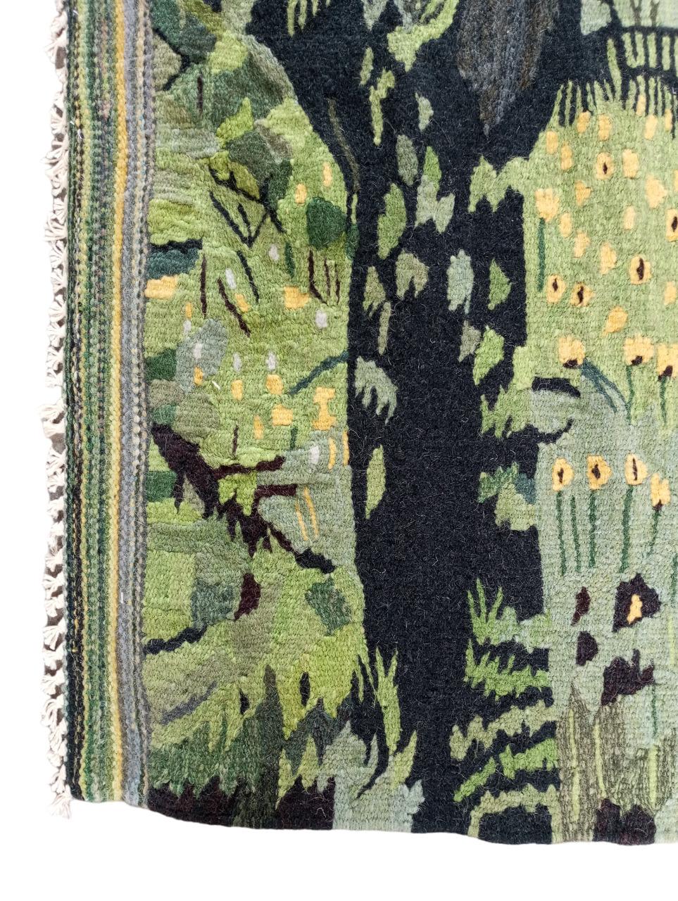 European tapestry with green hue, handmade in wool For Sale 4