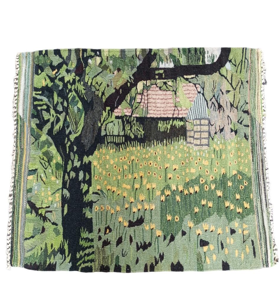 European tapestry with green hue, handmade in wool For Sale 5