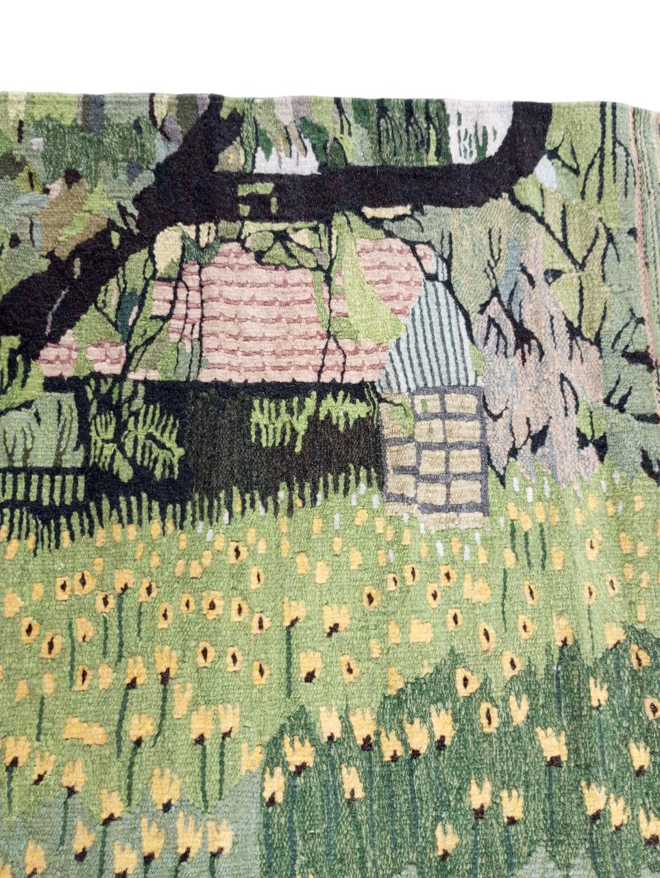 French European tapestry with green hue, handmade in wool For Sale