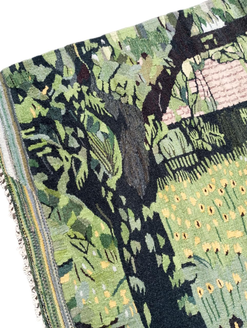 European tapestry with green hue, handmade in wool In Good Condition For Sale In Firenze, FI
