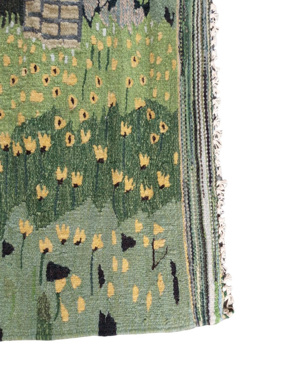 Wool European tapestry with green hue, handmade in wool For Sale