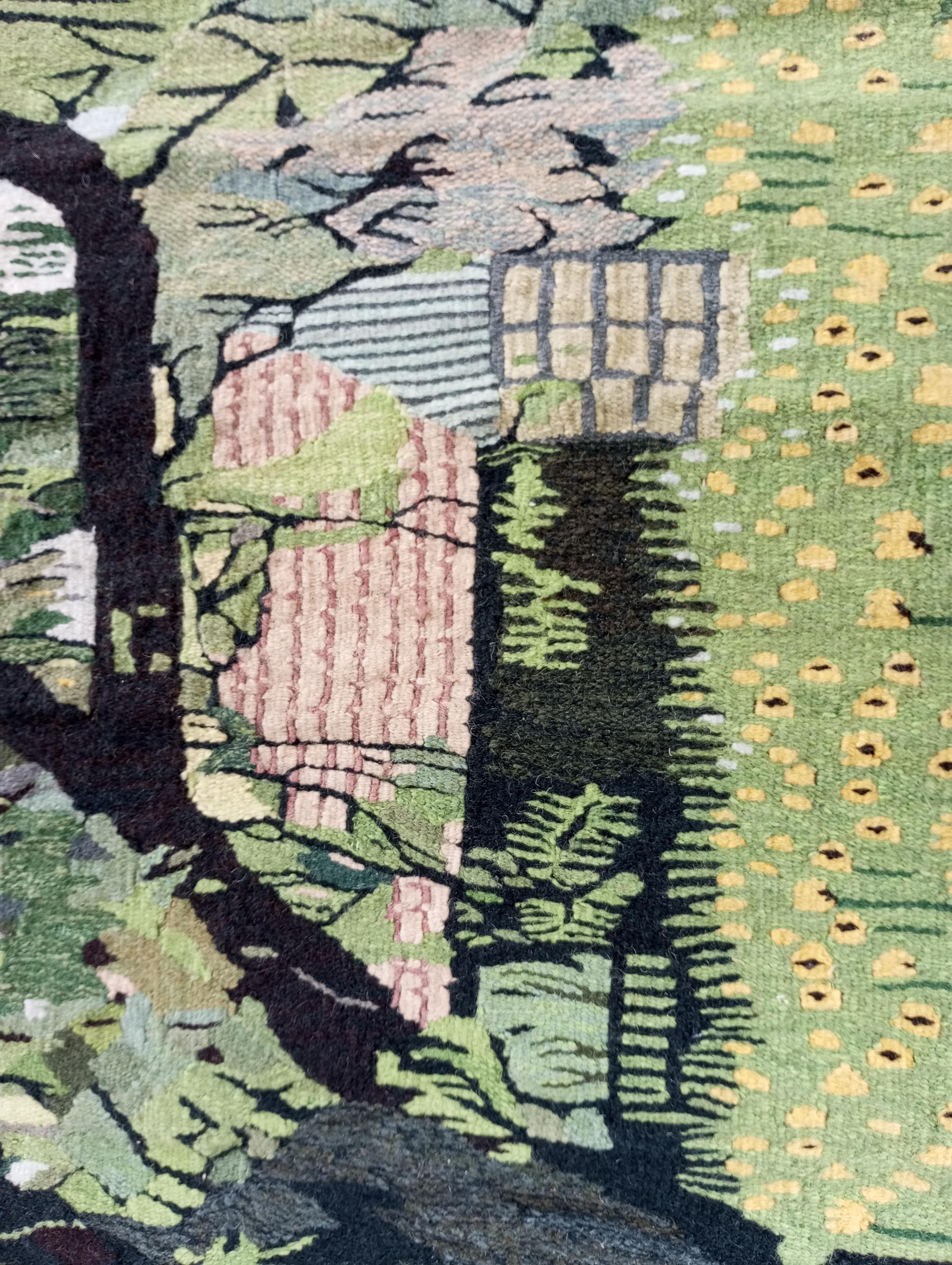 European tapestry with green hue, handmade in wool For Sale 2