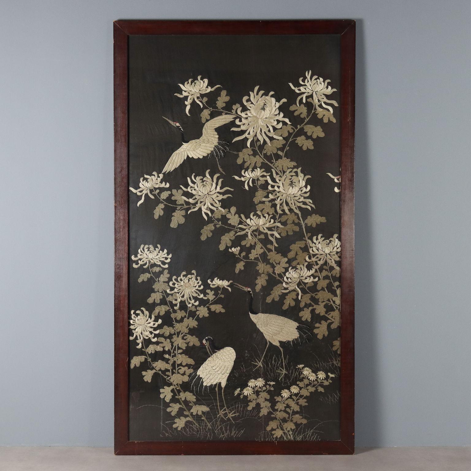 Silk embroidery, mounted on panel. 
The tapestry belongs to the Meiji period (1868 -1912), which coincides with the reign of Emperor Mutsuhito (known posthumously as Emperor Meiji),and which  marks a profound transformation for Japan from an