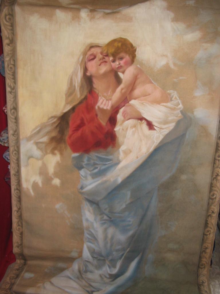 Wandteppich Madonna mit Kind - Grassaft (Handbemalt) im Angebot