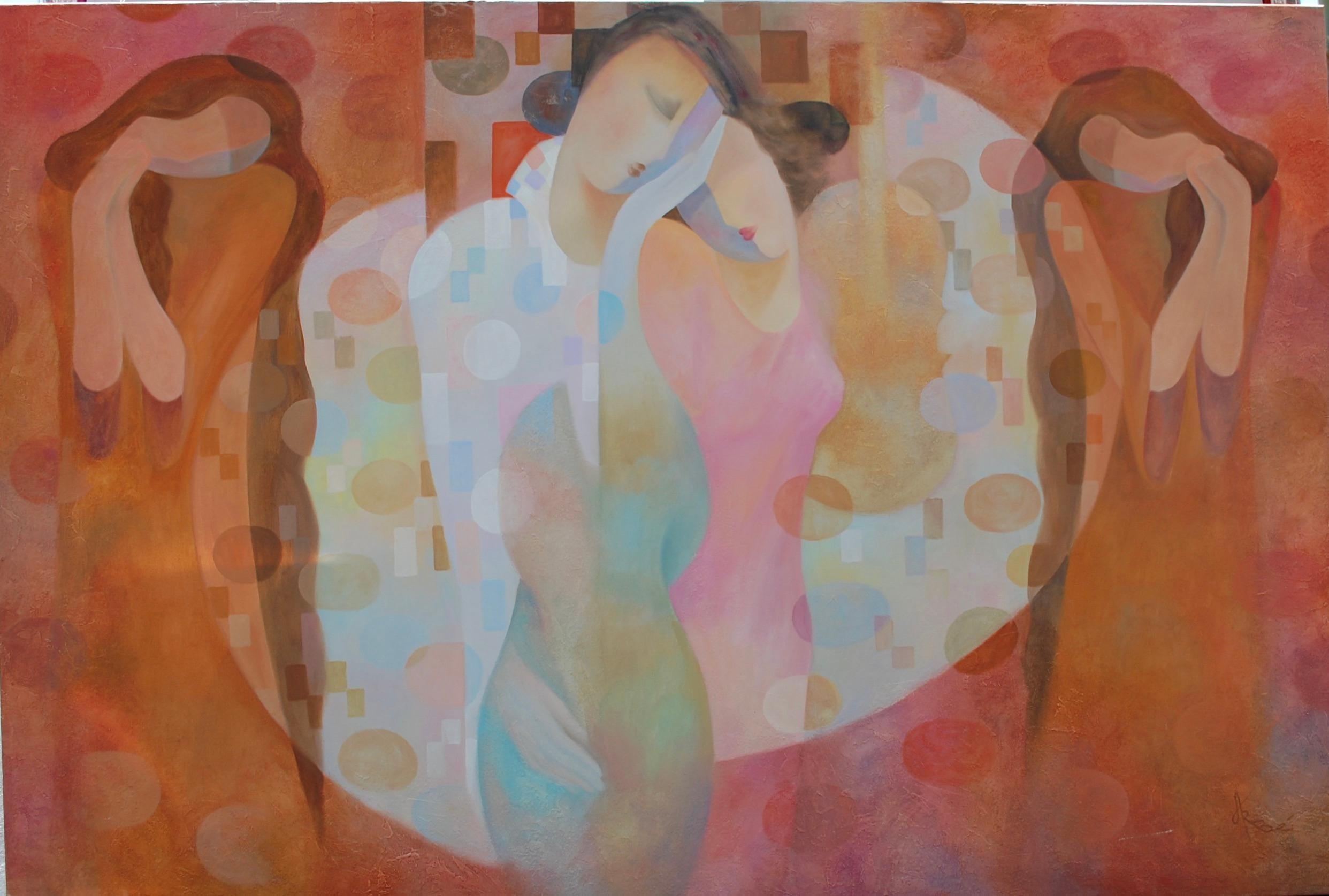 Arbe Ara Berberyan Figurative Painting – Großes figuratives abstraktes Gemälde mit Frauen, gewickelt