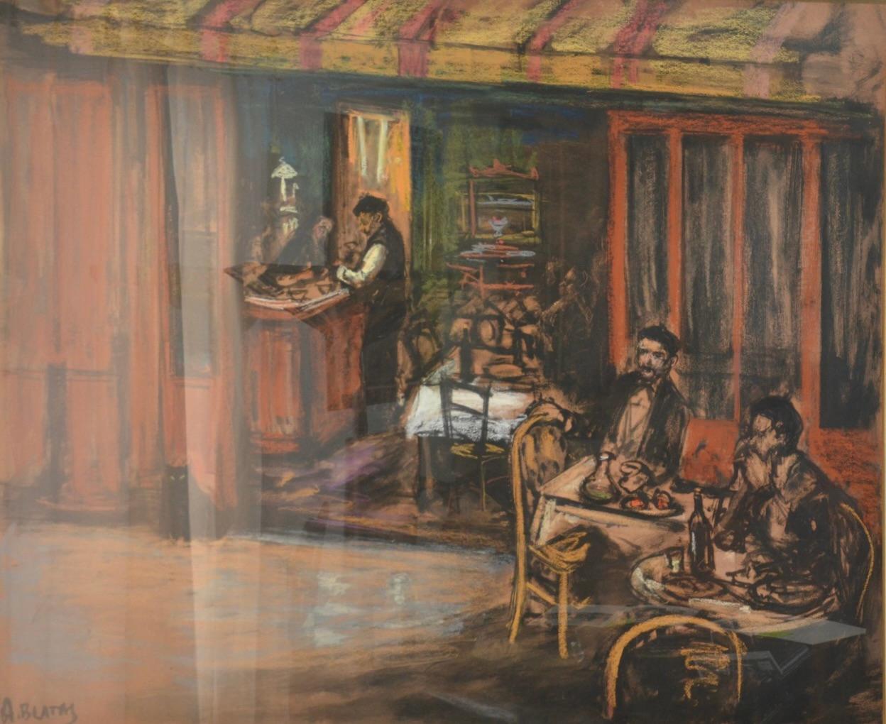 Arbit Blatas Café in Ceret France ARBIT BLATAS 1930 LARGE Pastel ink