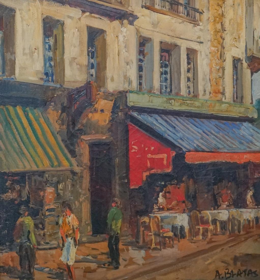 French Impressionist Parisian street scene Figures and Cafe - Painting by Arbit Blatas
