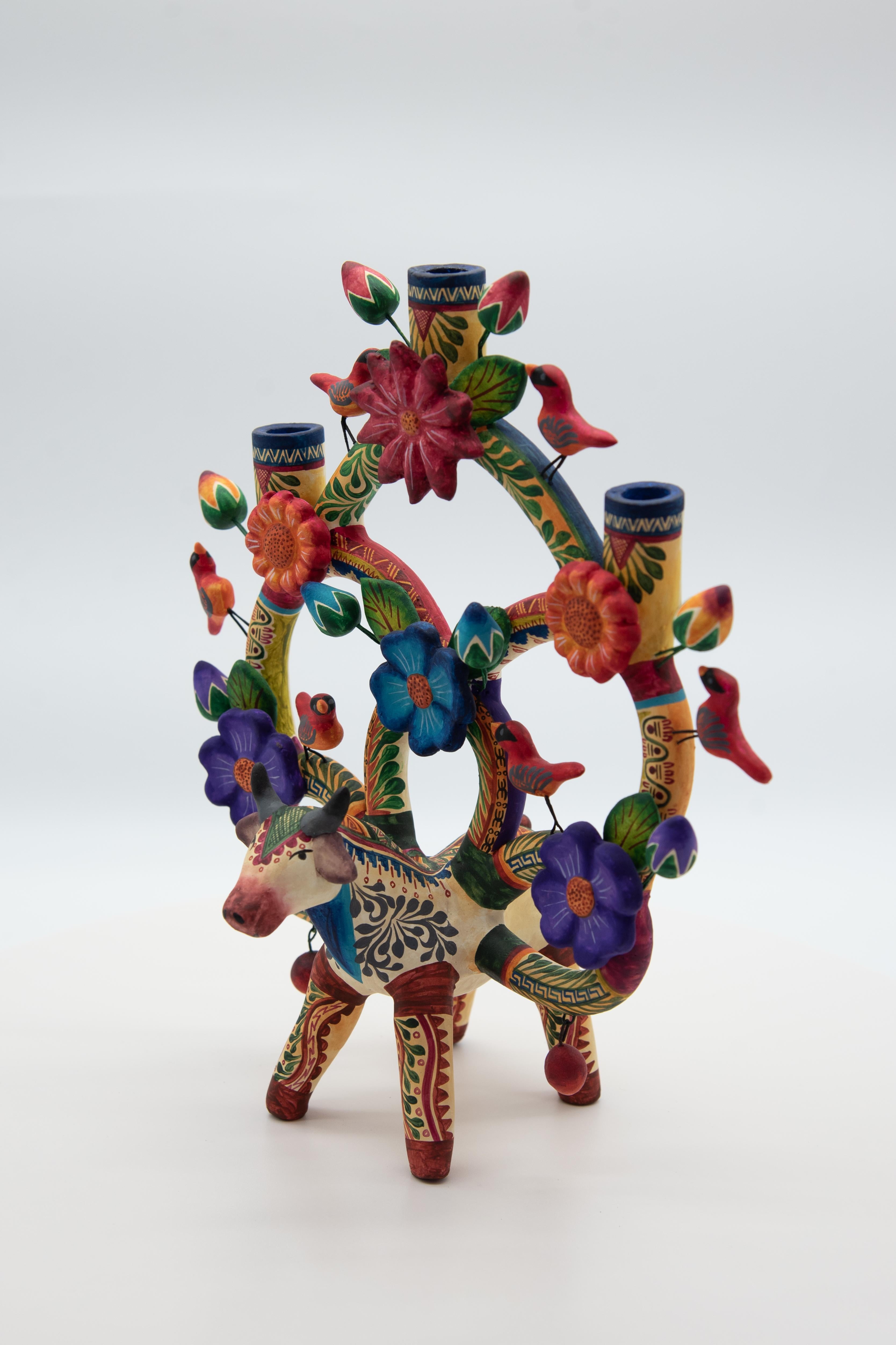 Arbol de la Vida Bull Colorful Ceramic Mexican Folk Art Tree of Life in vendita 2