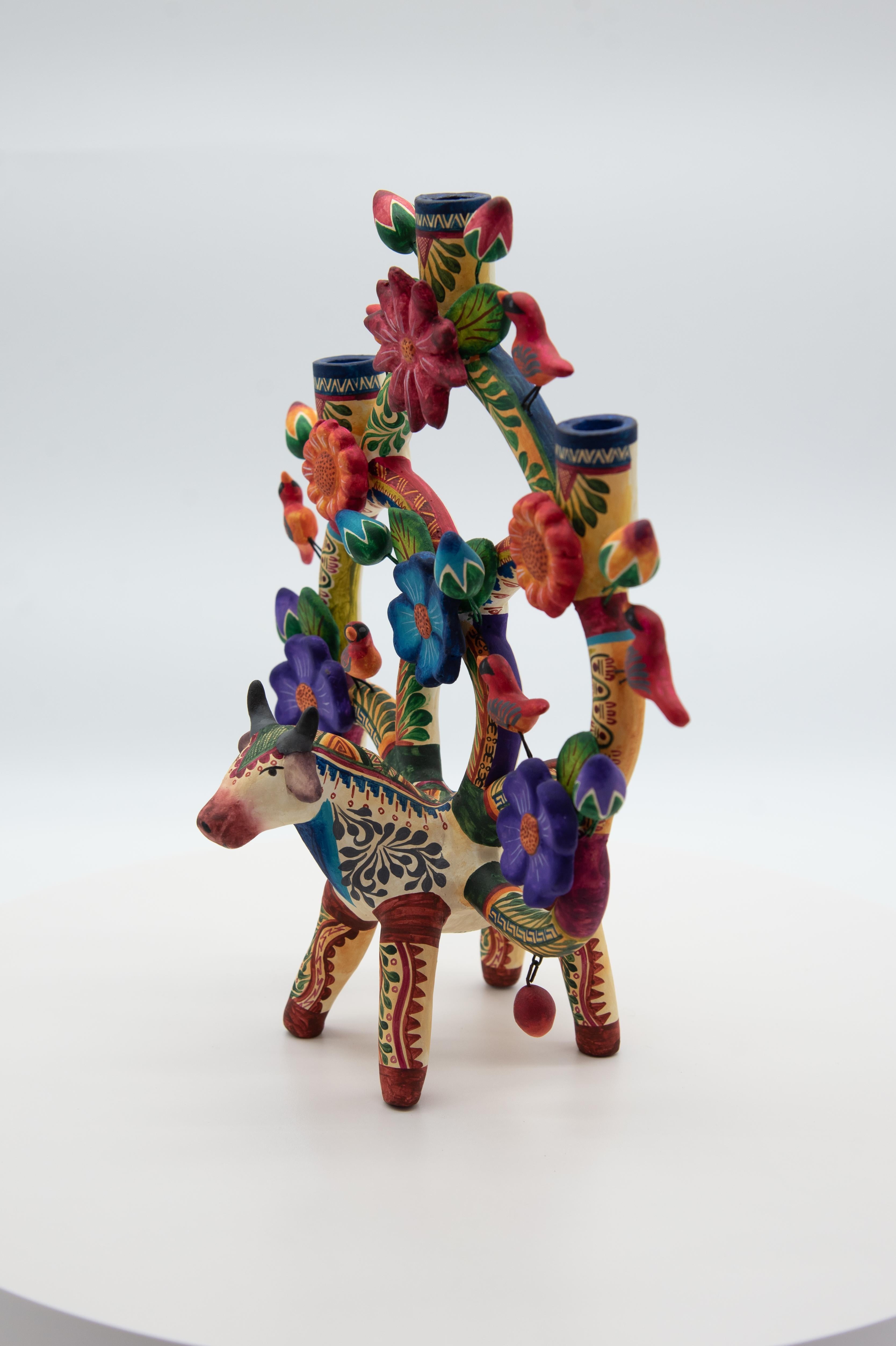 Nordamericano Arbol de la Vida Bull Colorful Ceramic Mexican Folk Art Tree of Life in vendita