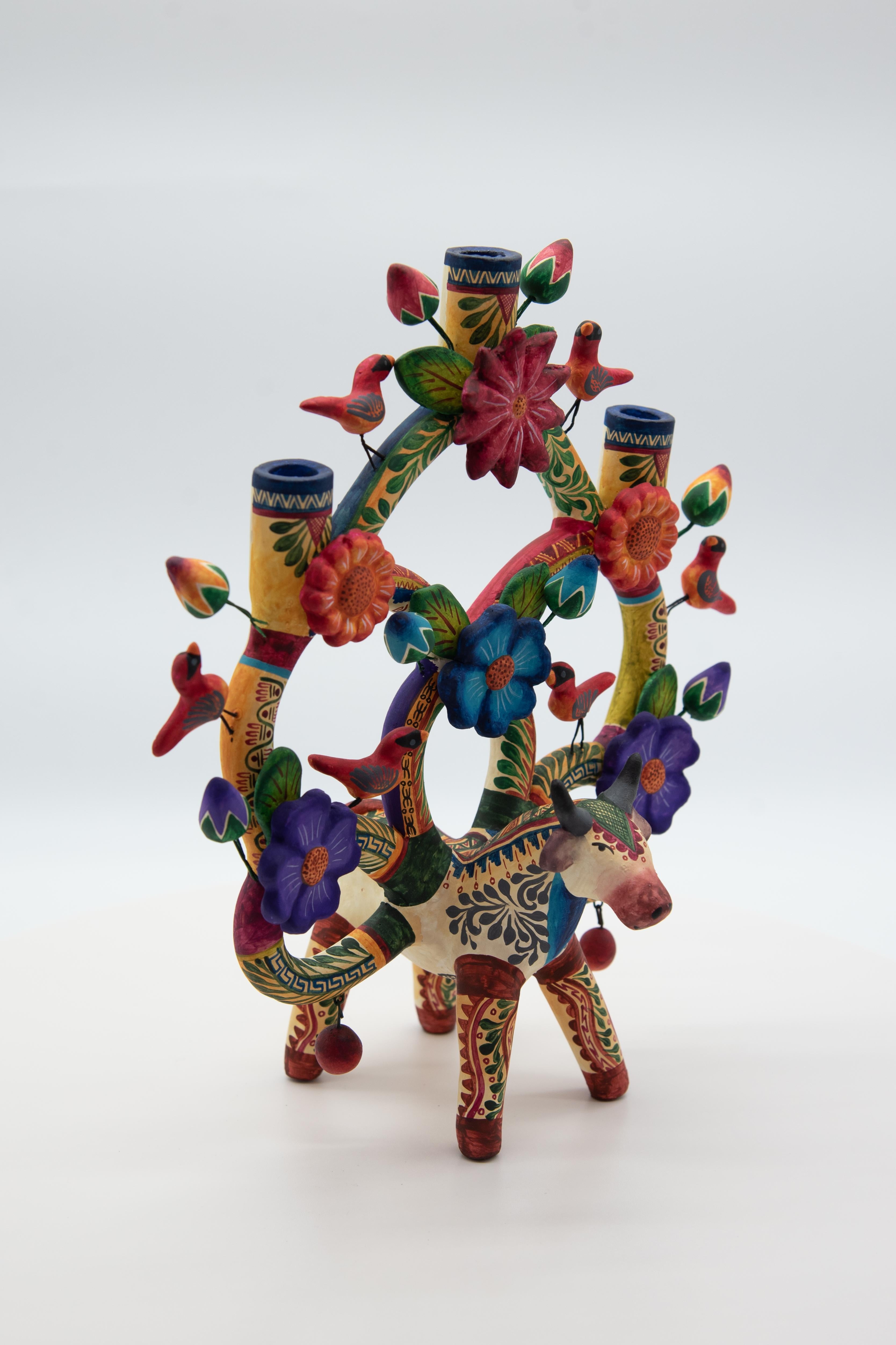 Hand-Crafted Arbol de la Vida Bull Colorful Ceramic Mexican Folk Art Tree of Life  For Sale