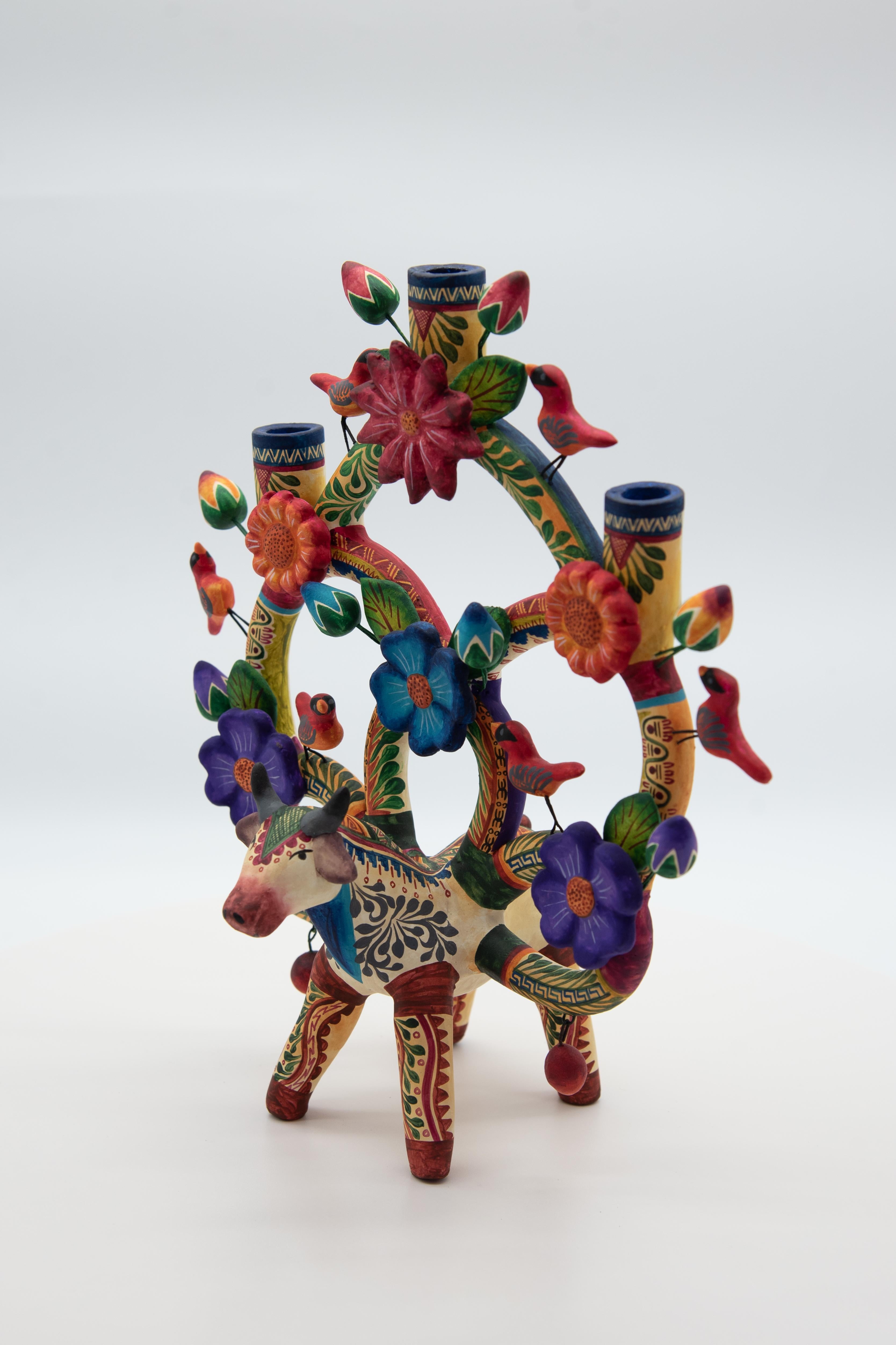 Contemporary Arbol de la Vida Bull Colorful Ceramic Mexican Folk Art Tree of Life  For Sale