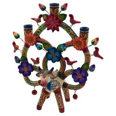 Used Arbol de la Vida Bull Colorful Ceramic Mexican Folk Art Tree of Life 