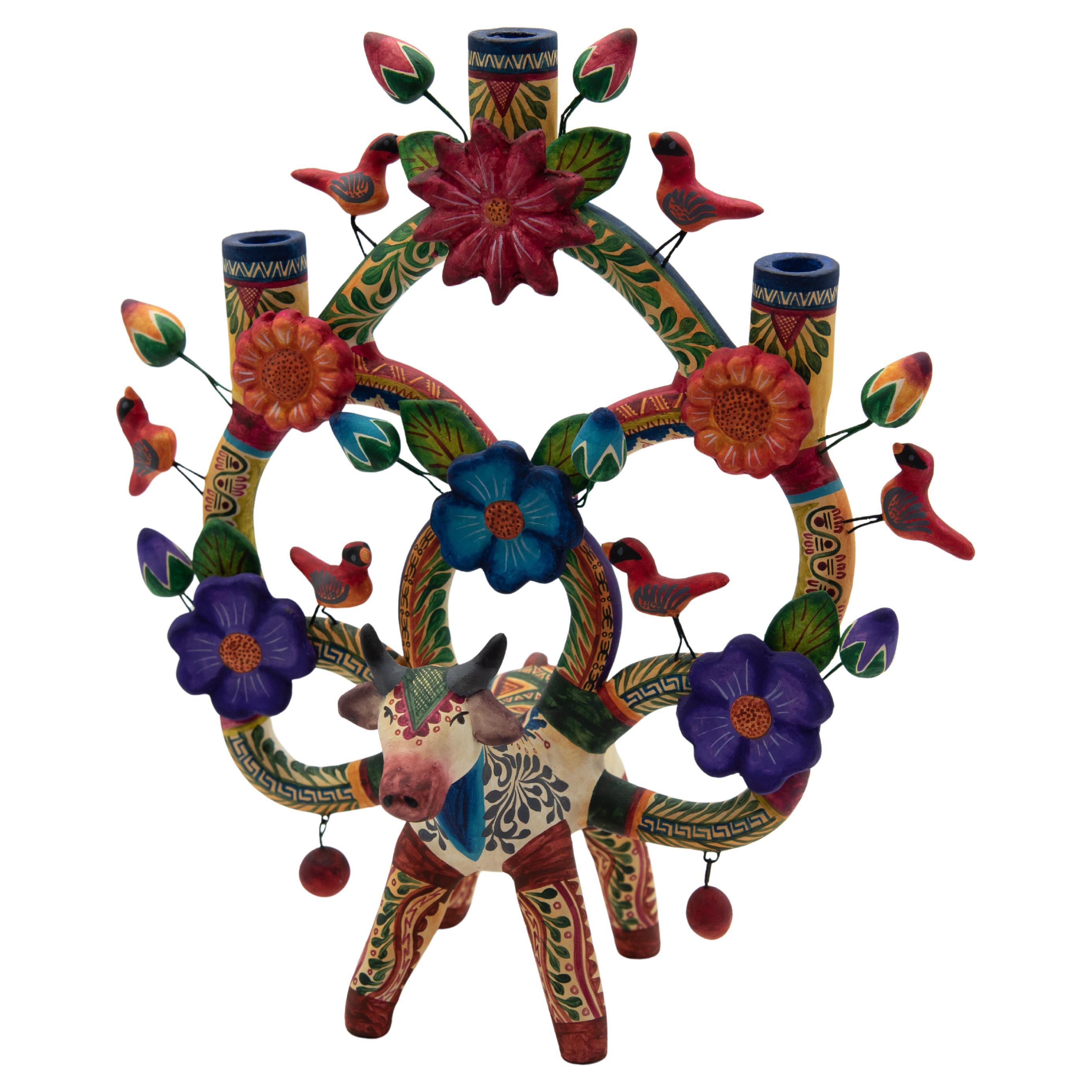 Arbol de la Vida Bull Colorful Ceramic Mexican Folk Art Tree of Life