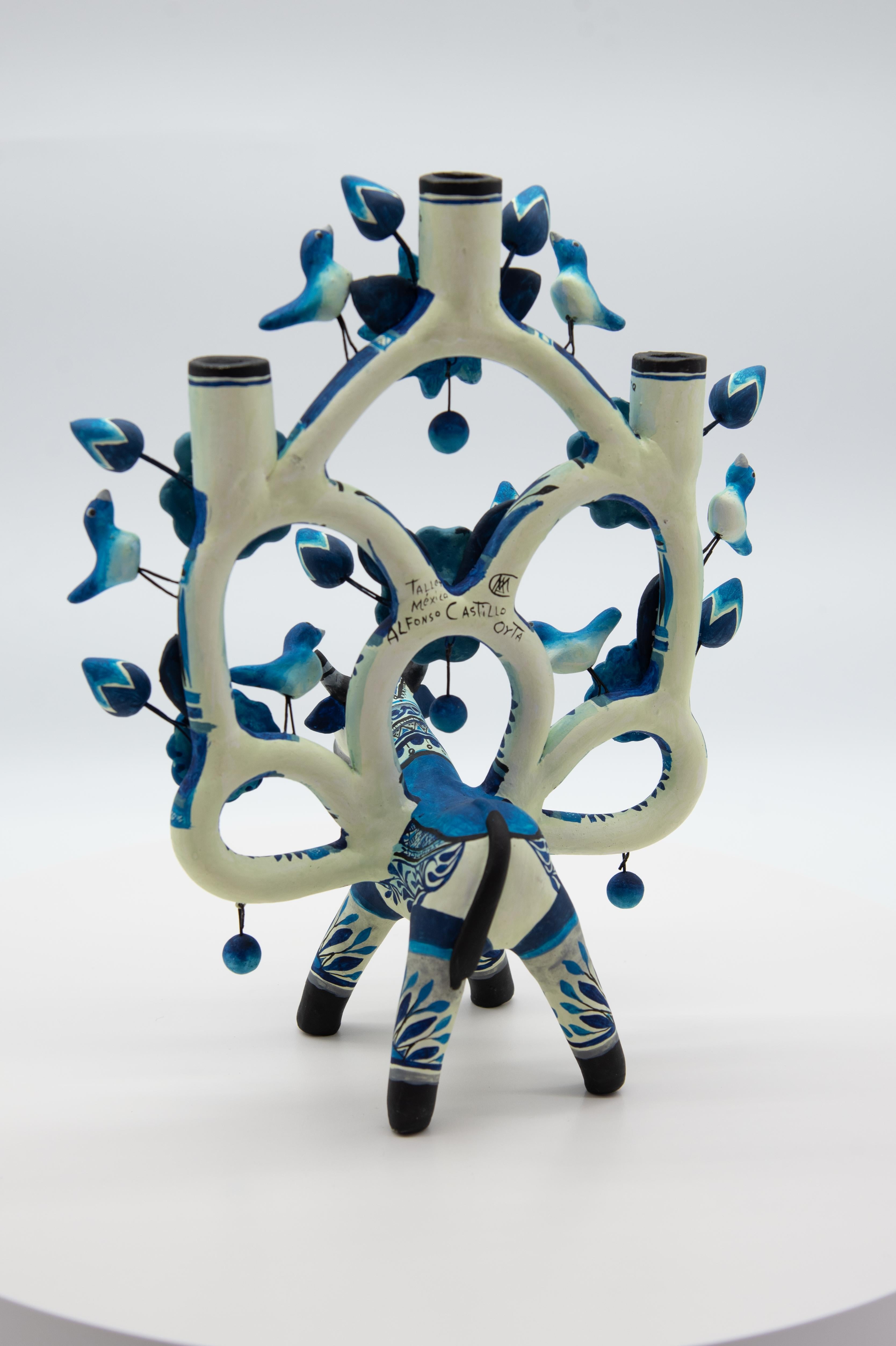 Contemporary Arbol de la Vida Bull in Blue Ceramic Mexican Folk Art Tree of Life 