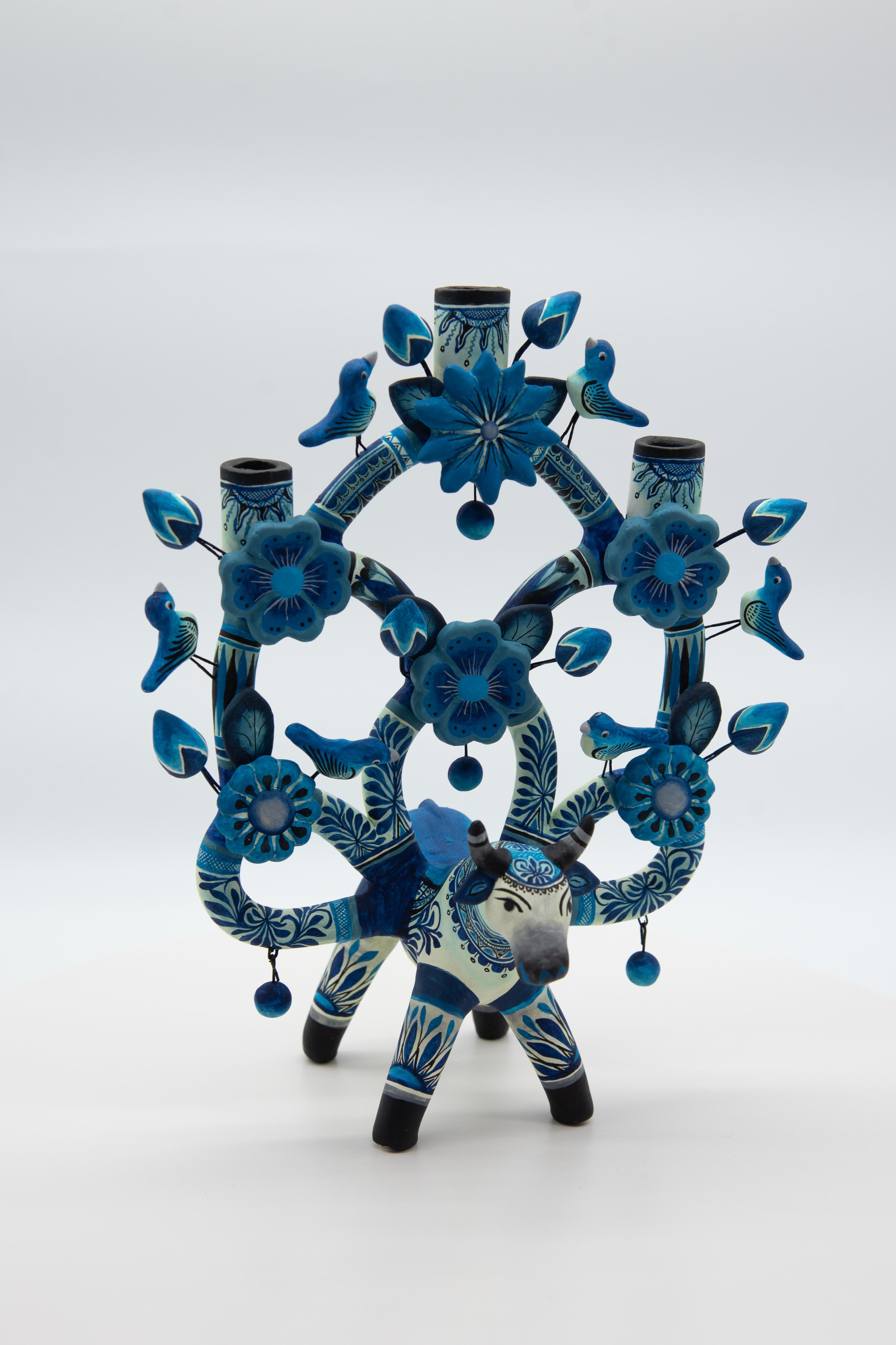 Arbol de la Vida Bull in Blue Ceramic Mexican Folk Art Tree of Life  3