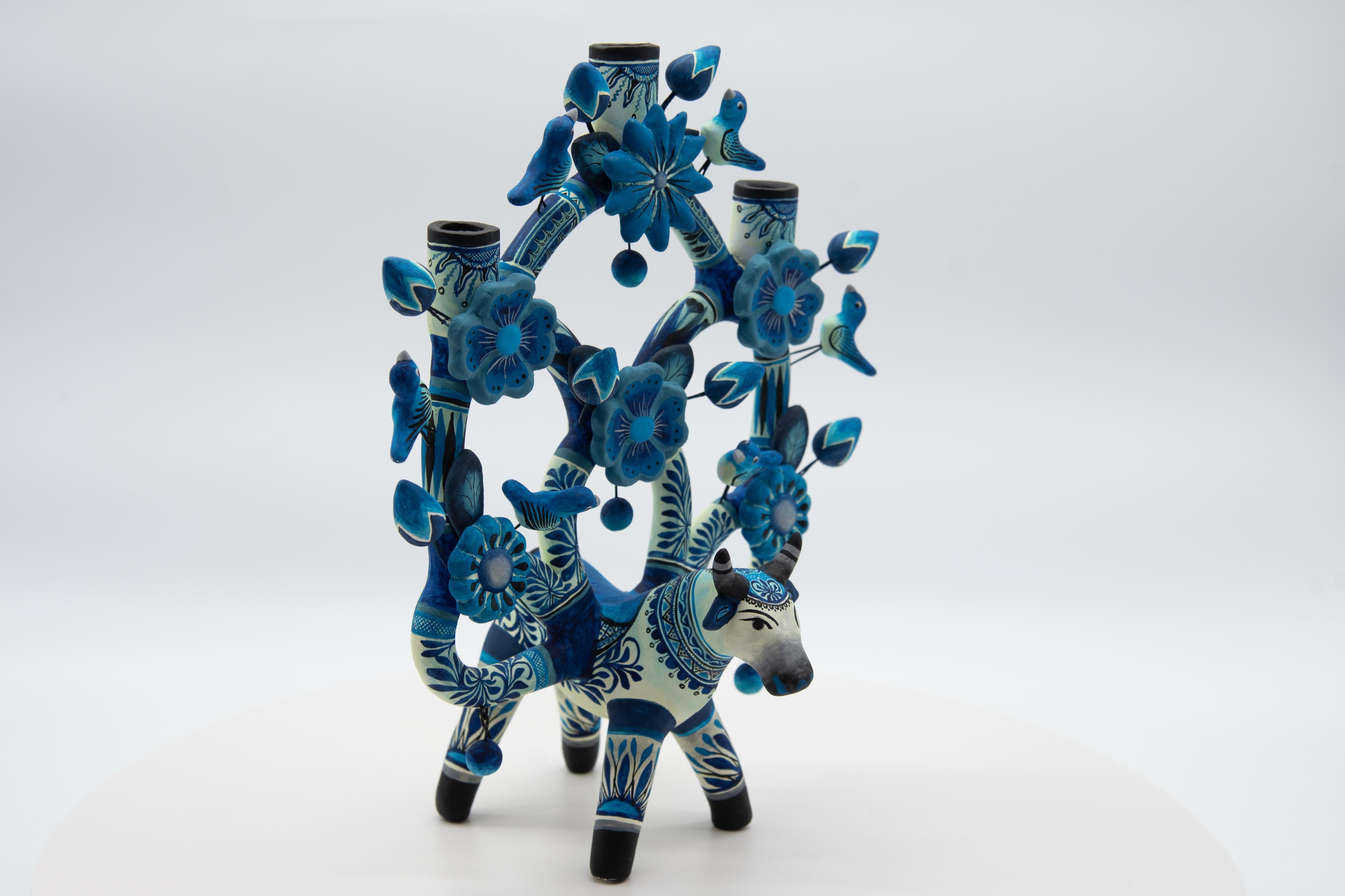 Arbol de la Vida Bull in Blue Ceramic Mexican Folk Art Tree of Life  4