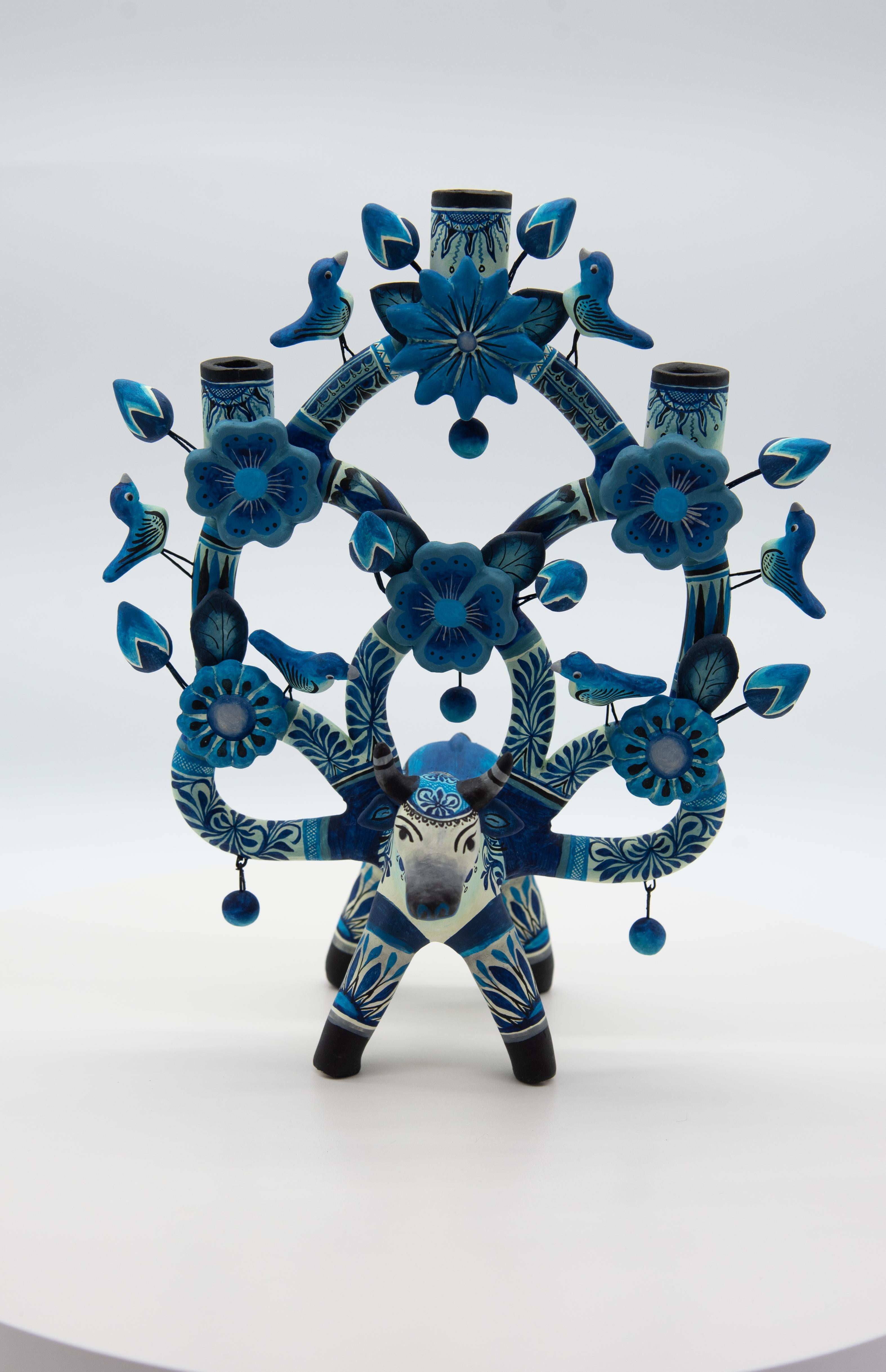 North American Arbol de la Vida Bull in Blue Ceramic Mexican Folk Art Tree of Life 