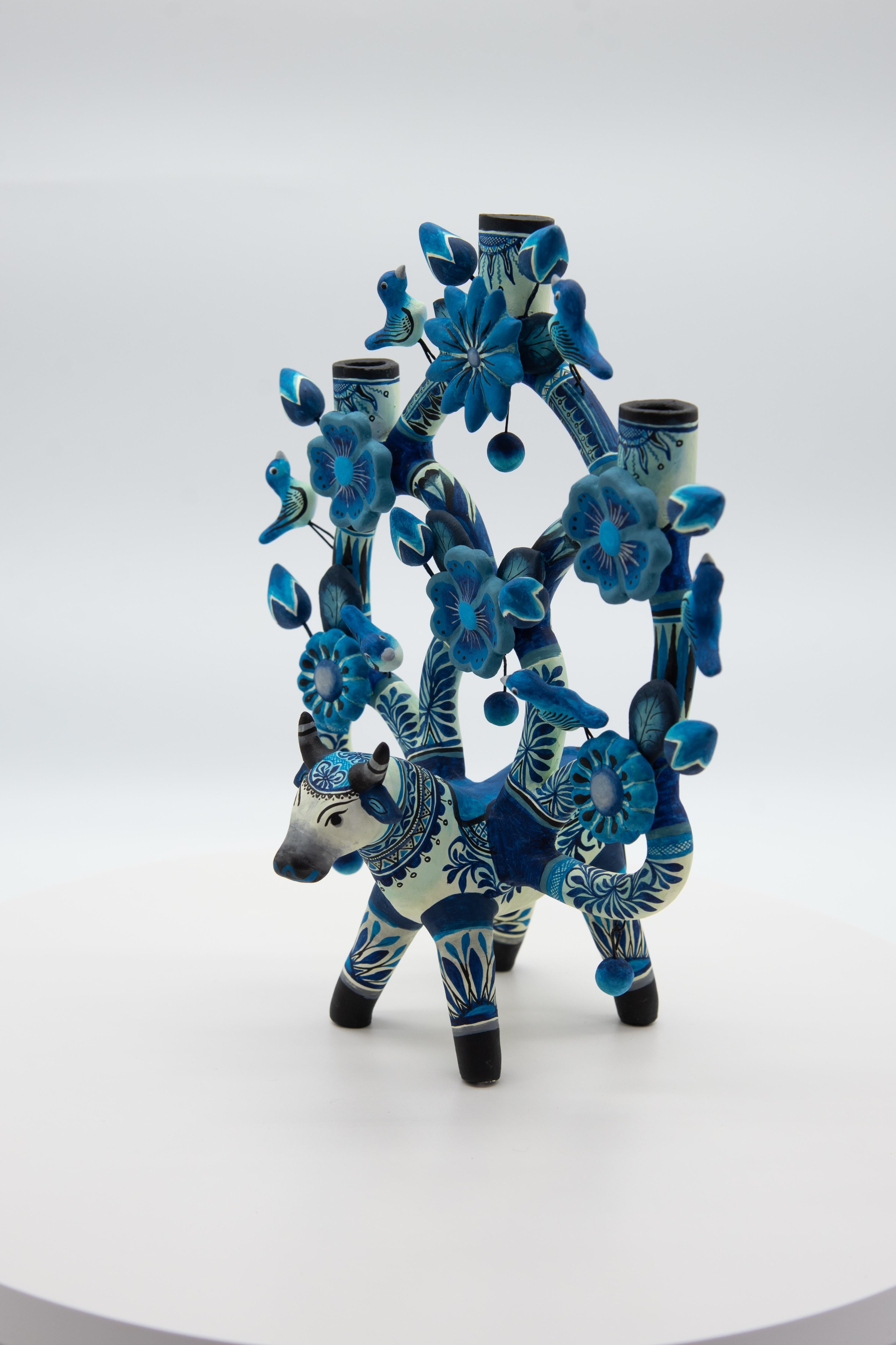 Hand-Crafted Arbol de la Vida Bull in Blue Ceramic Mexican Folk Art Tree of Life 
