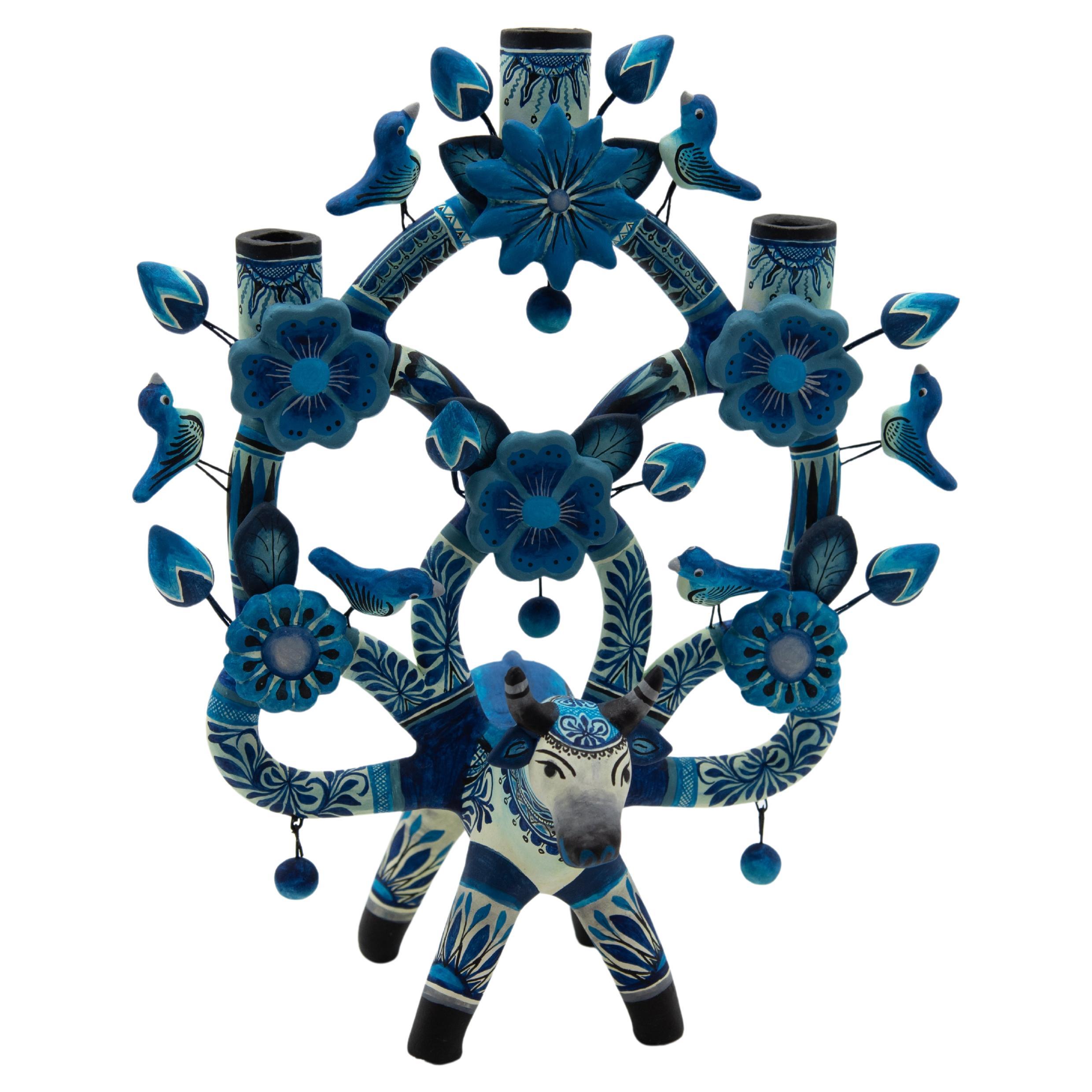 Arbol de la Vida Bull in Blue Ceramic Mexican Folk Art Tree of Life 