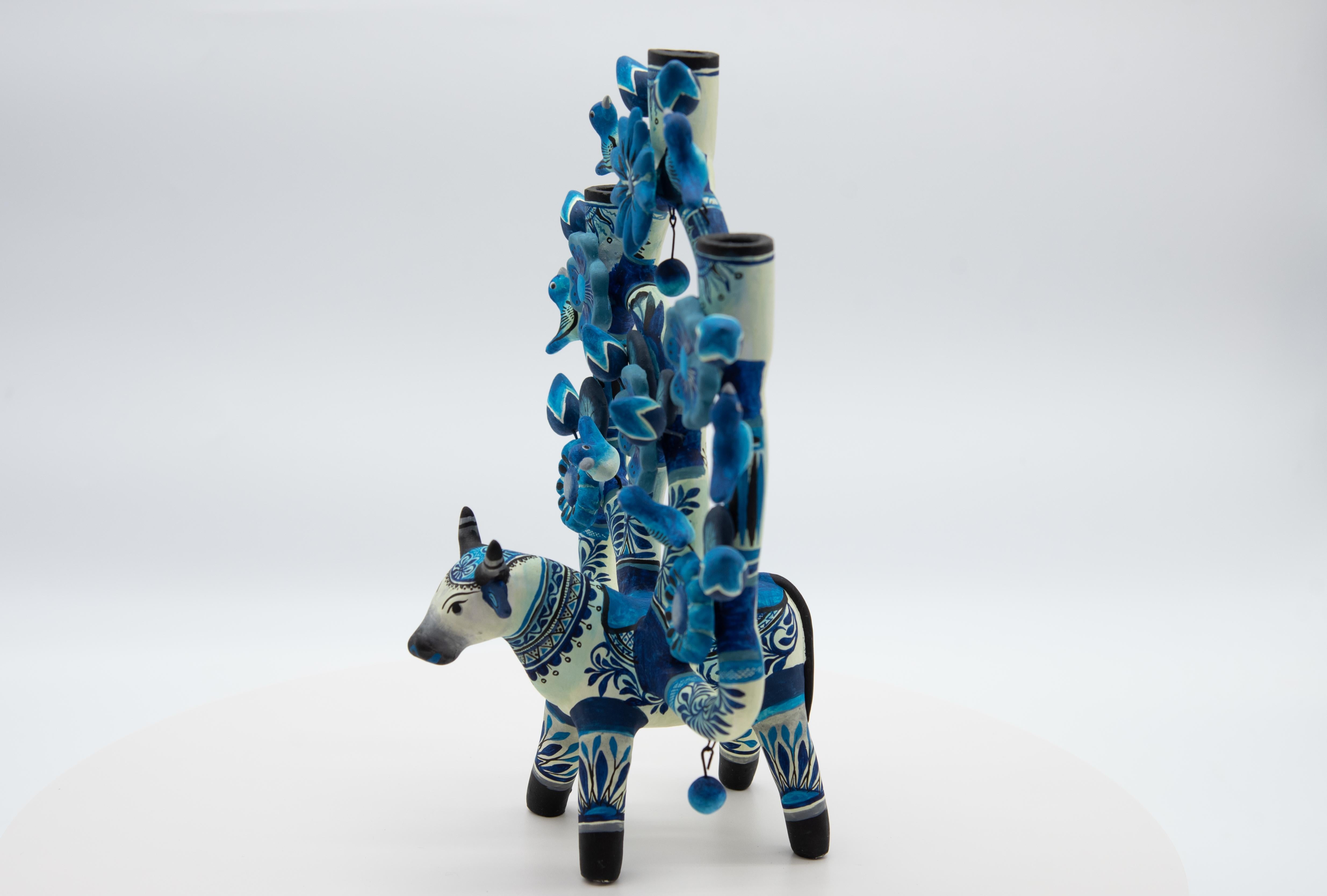 Arbol de la Vida Bull in Blue Ceramic Mexican Folk Art Tree of Life  5