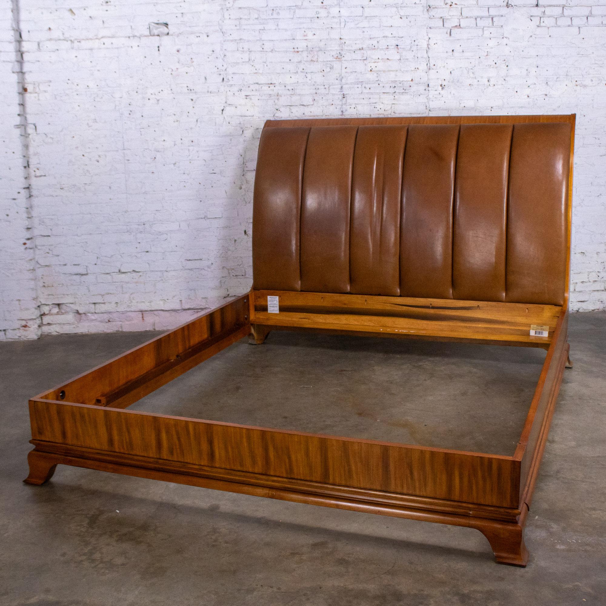 Awesome vintage Neoclassic Revival Arbus King sized sleigh bed with chocolate channeled leather upholstered headboard 6000 Series by Henredon. Beautiful condition, keeping in mind that this is vintage and not new so will have signs of use and wear