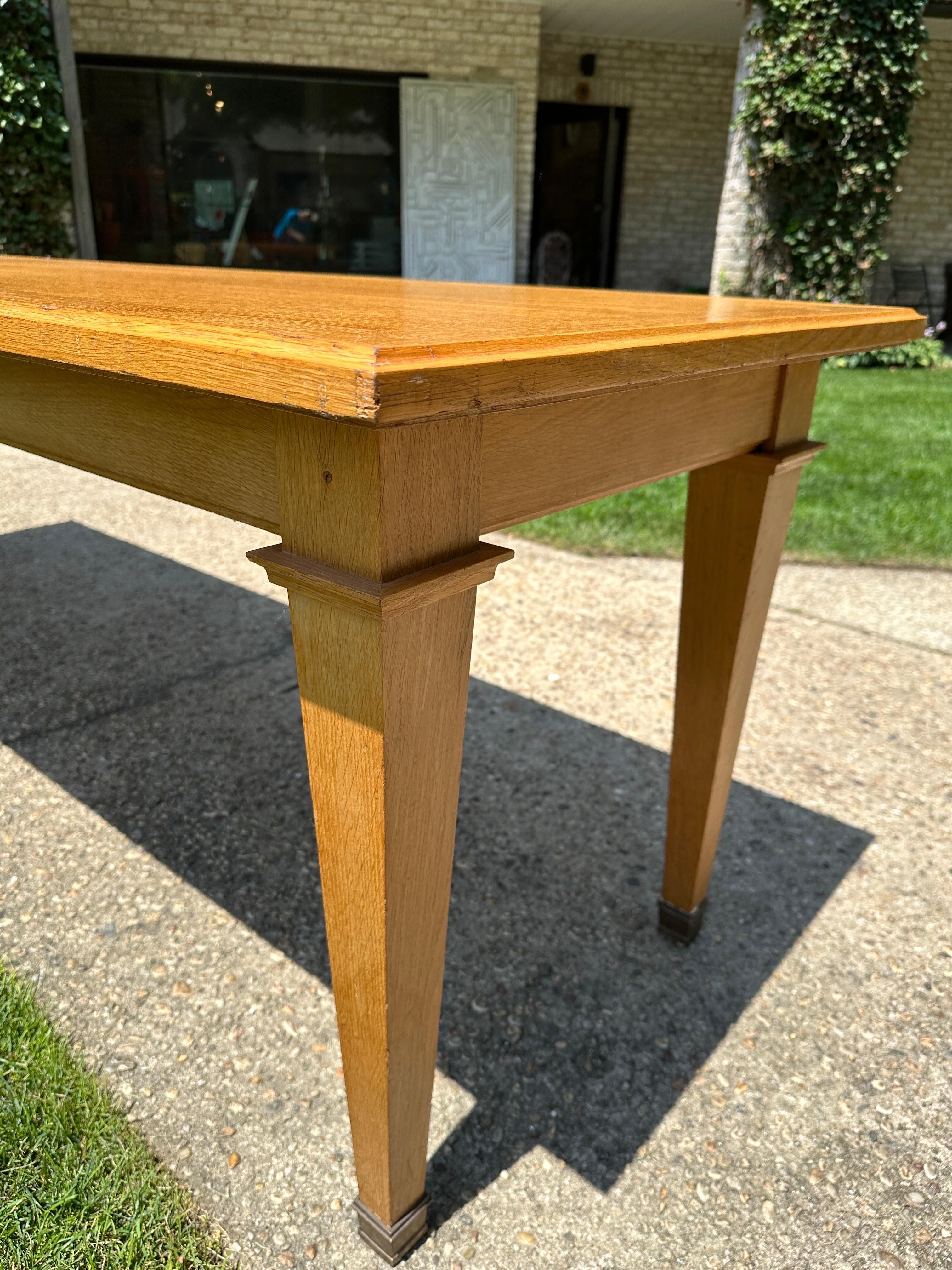 Mid-20th Century Arbus Style Long Oak Console Table w/ Brass Sabots For Sale
